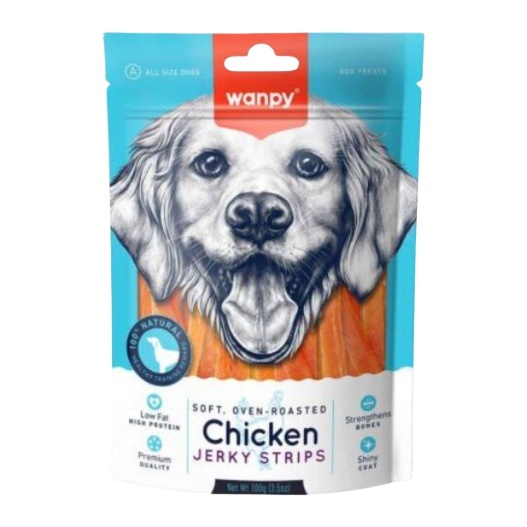 Wanpy Jerky Chicken Strips 100 g snack para perros, vista frontal del envase