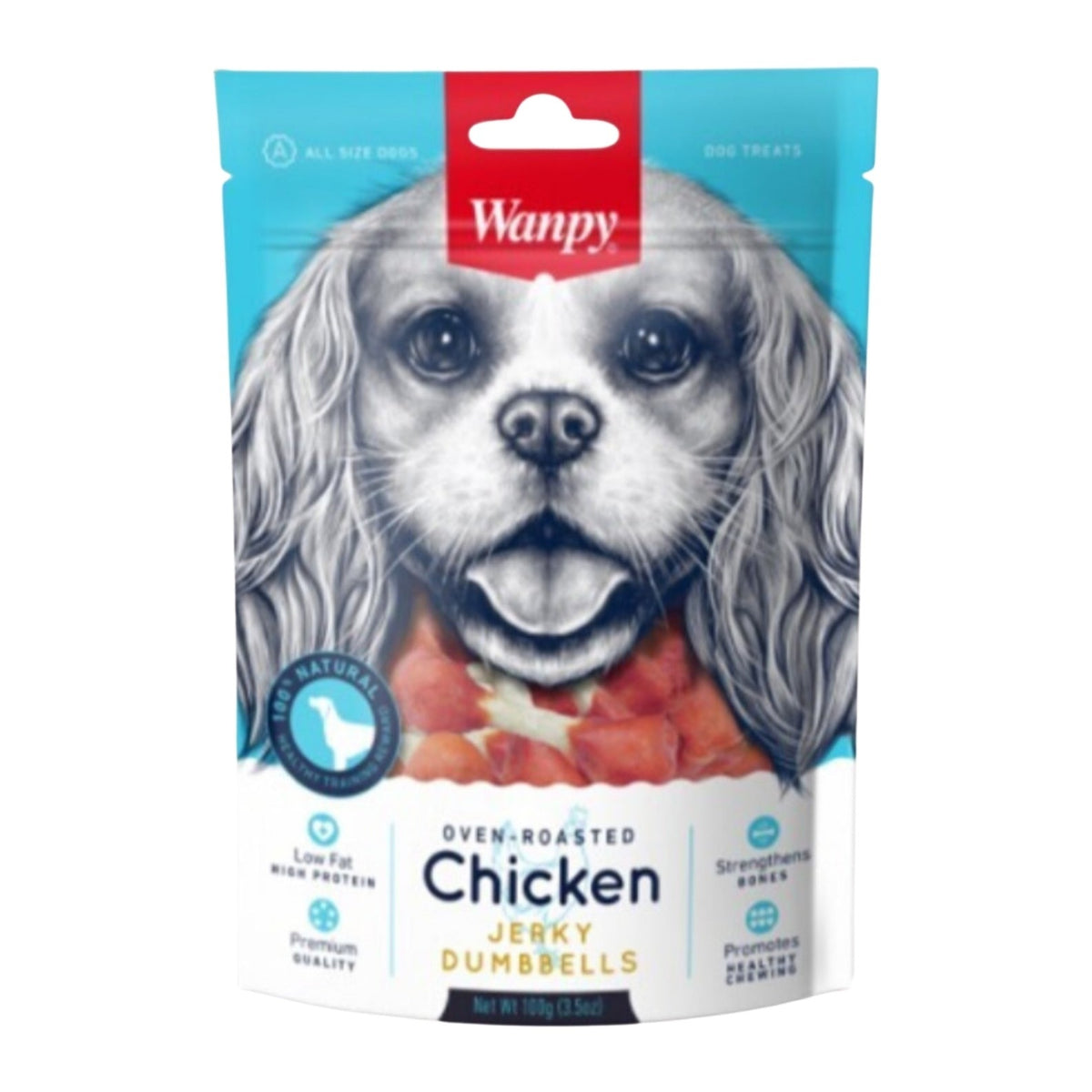 Wanpy Jerky Chicken Dumbells pollo 100 g snack para perros empaque