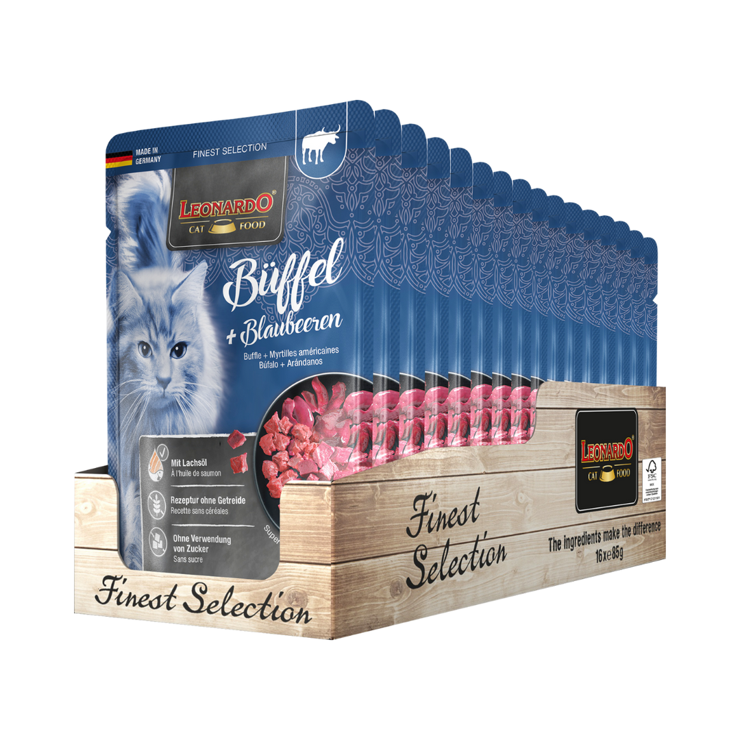 Leonardo Finest Selection búfalo y arándano display 16 unidades alimento húmedo gatos