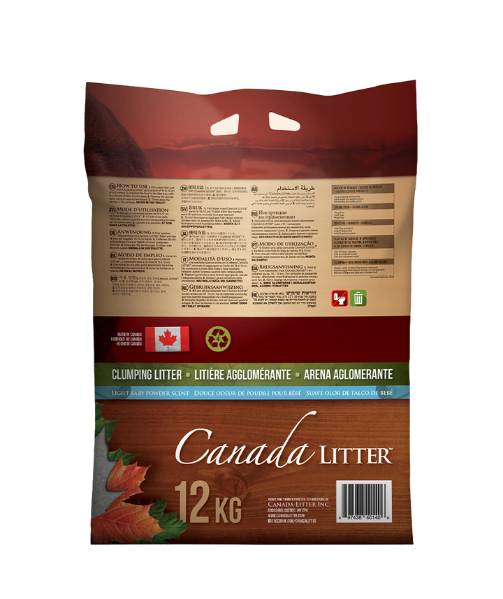 Canada Litter arena premium gato talco bebé 12 kg empaque reverso