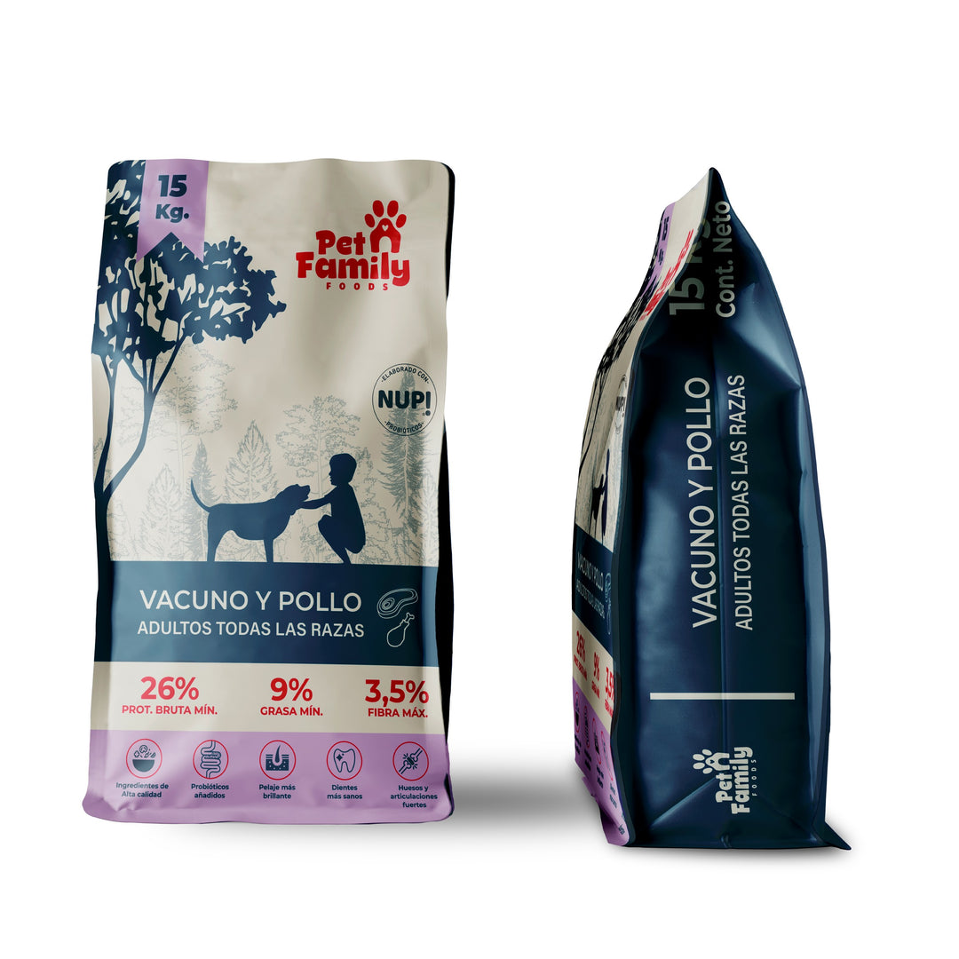Pet Family perro adulto 15 Kg alimento de carne y pollo información nutricional