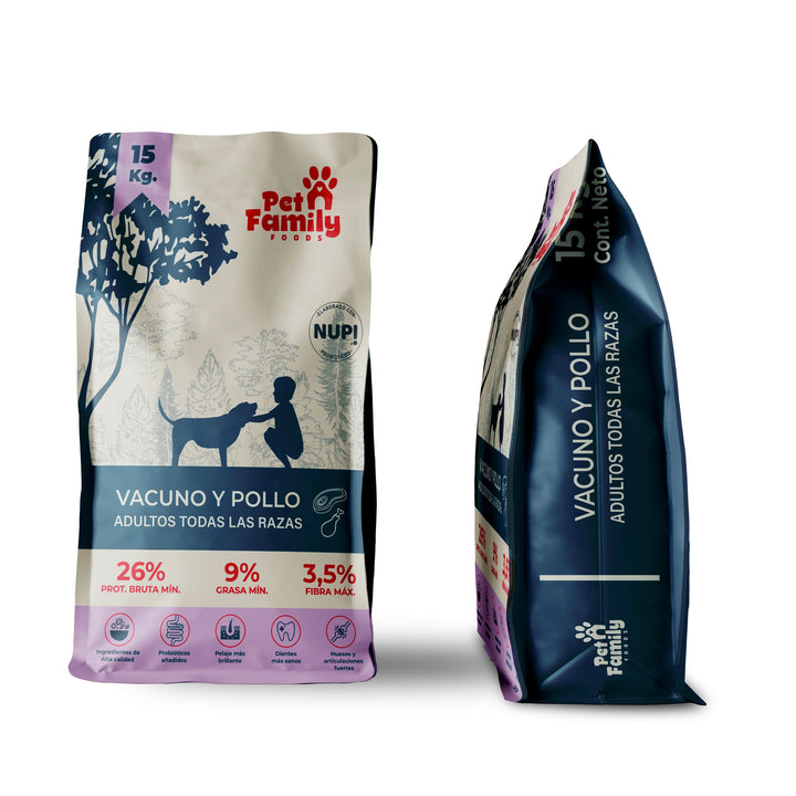 Pet Family perro adulto 15 Kg alimento de carne y pollo información nutricional