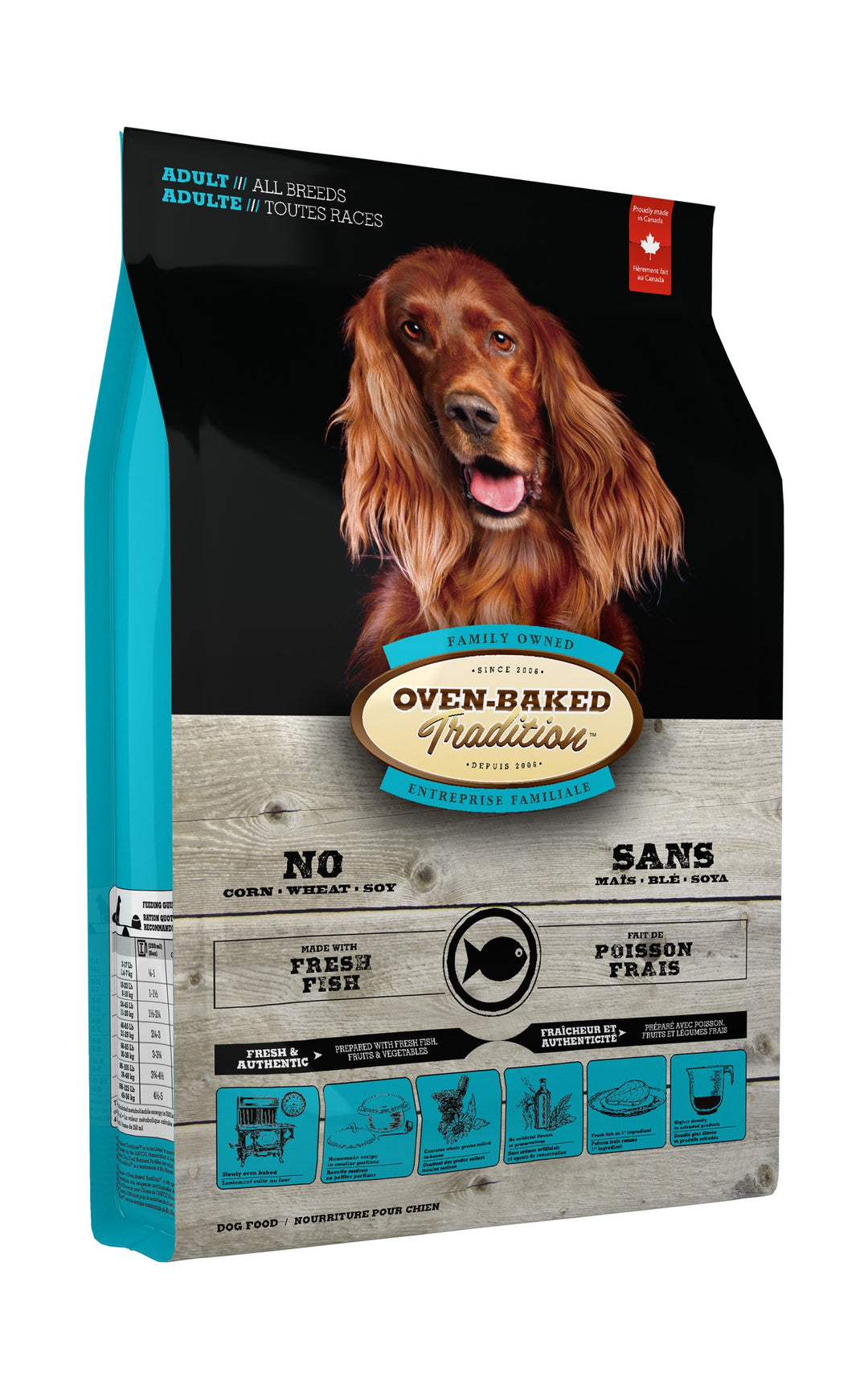 Oven Baked Tradition perro adulto pescado 11.34 Kg vista lateral izquierda