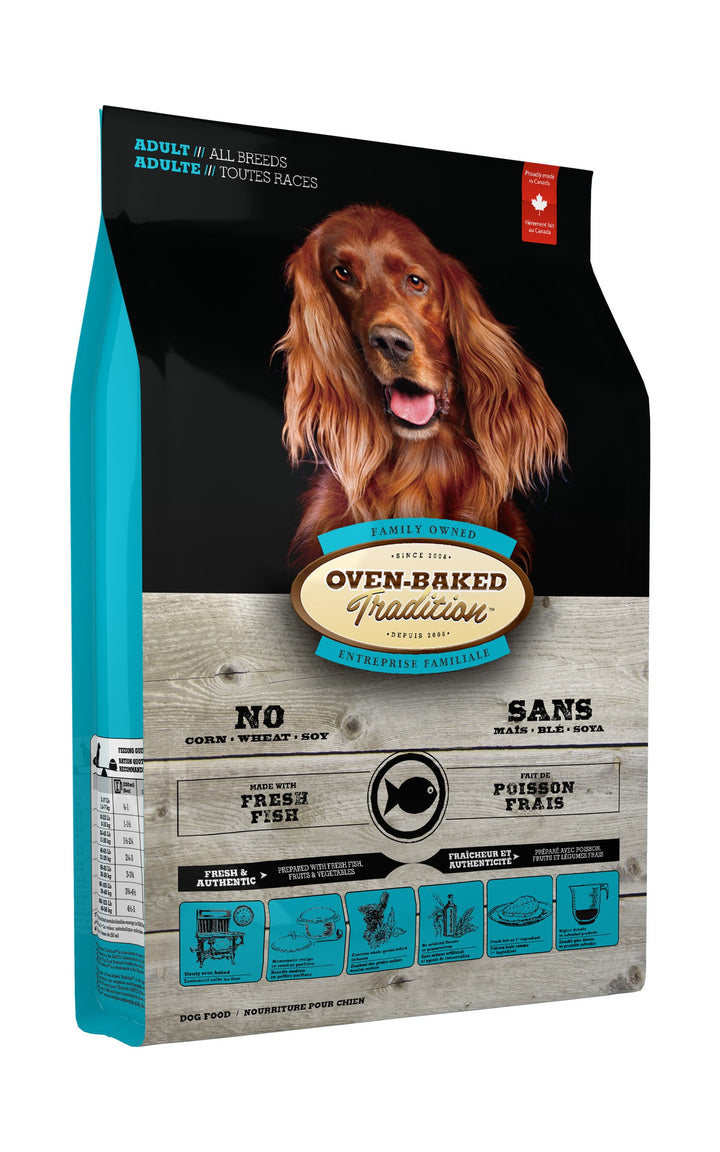 Oven Baked Tradition perro adulto pescado 11.34 Kg vista lateral izquierda