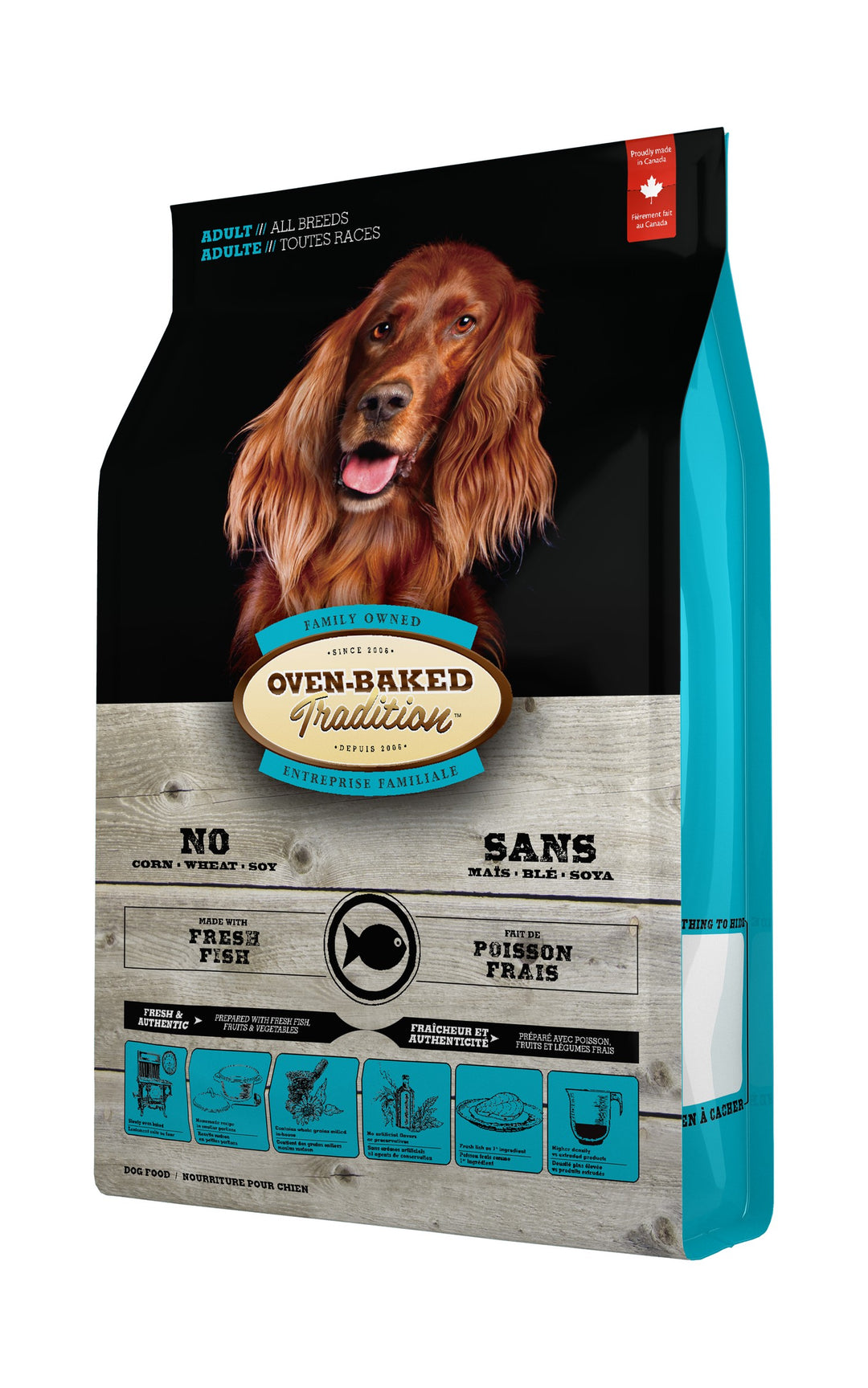 Oven Baked Tradition perro adulto pescado 11.34 Kg vista lateral derecha
