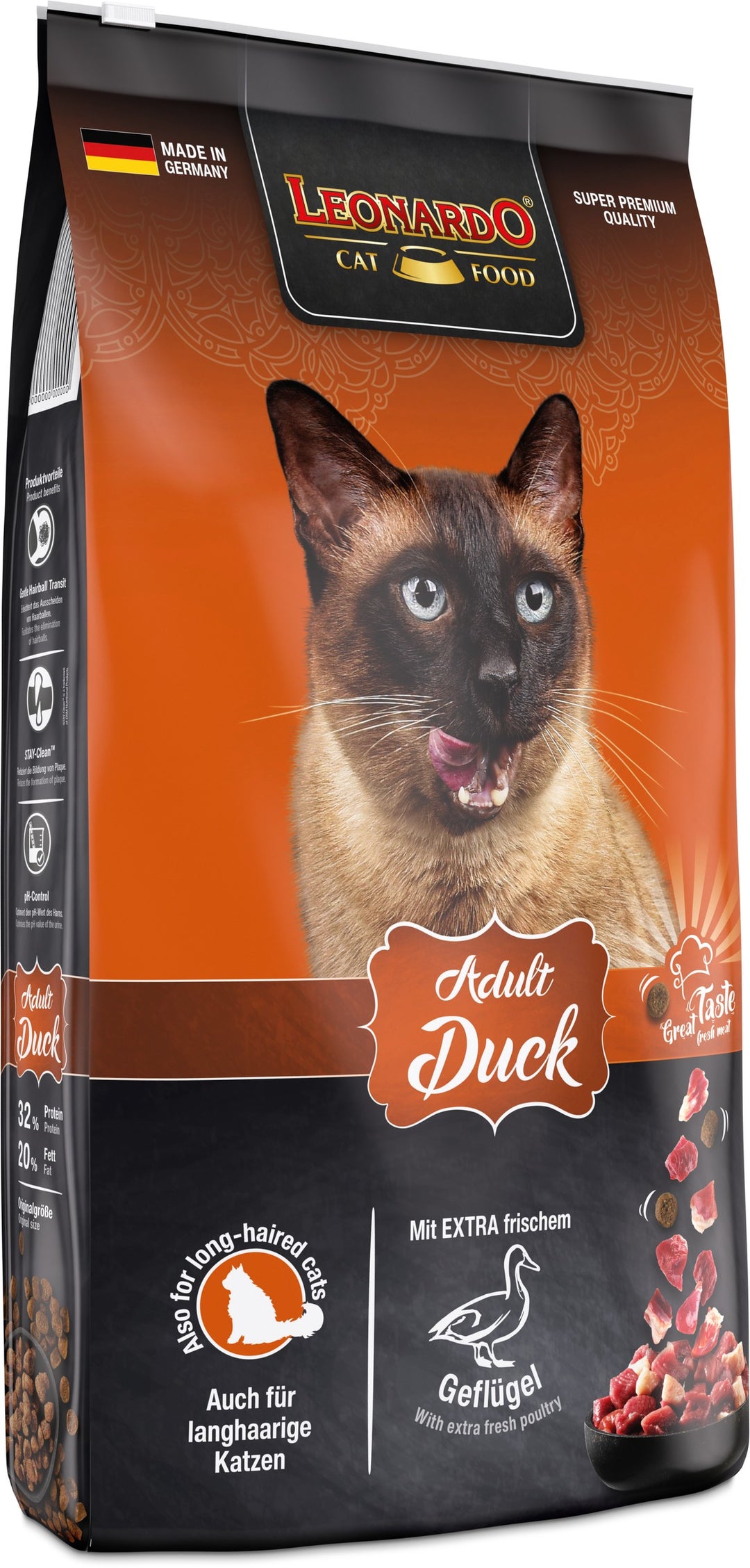 Leonardo Adult Duck para gatos empaque lateral