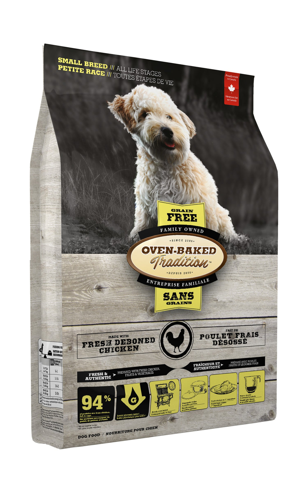 Oven Baked Tradition perro adulto grain free razas pequeñas pollo 5.67 kg saco vista lateral izquierdo