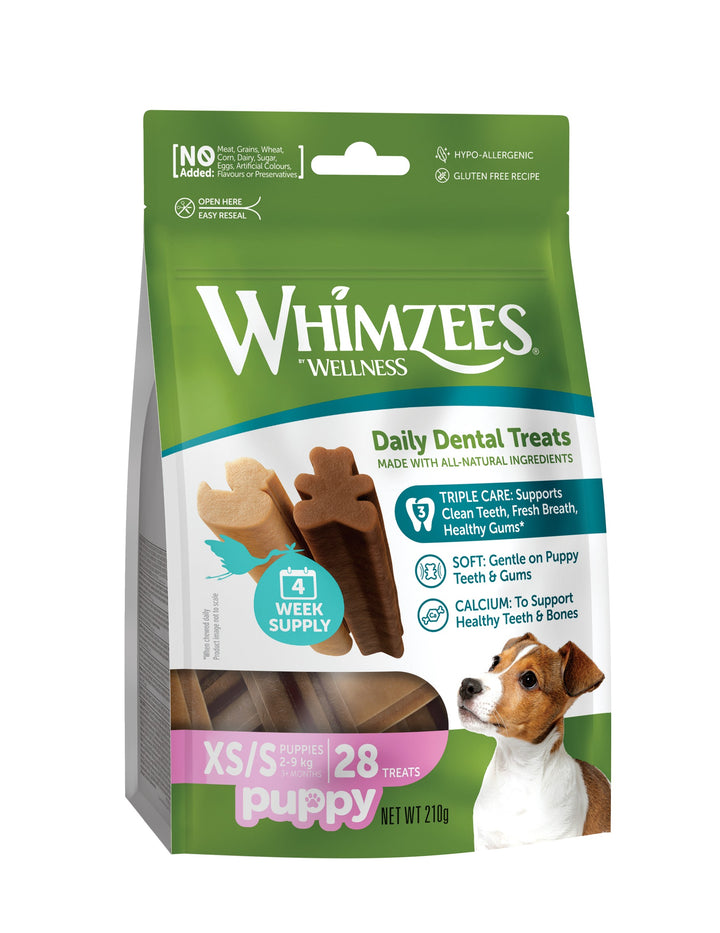 Bolsa de Whimzees Puppy talla XS/S de 28 unidades, vista en ángulo izquierdo