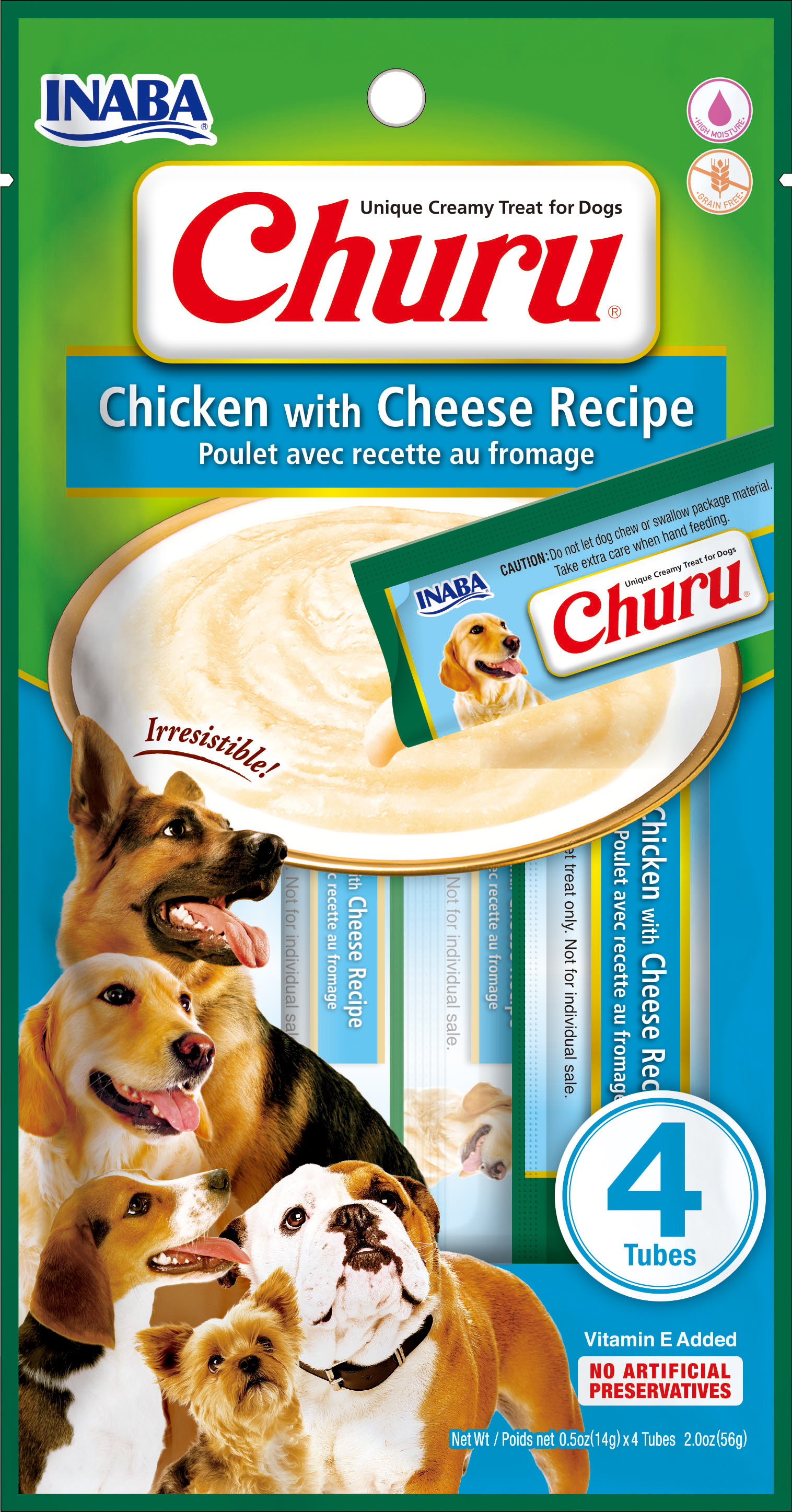 Churu snack líquido pollo con queso para perros 4 tubos 14 grs vista frontal