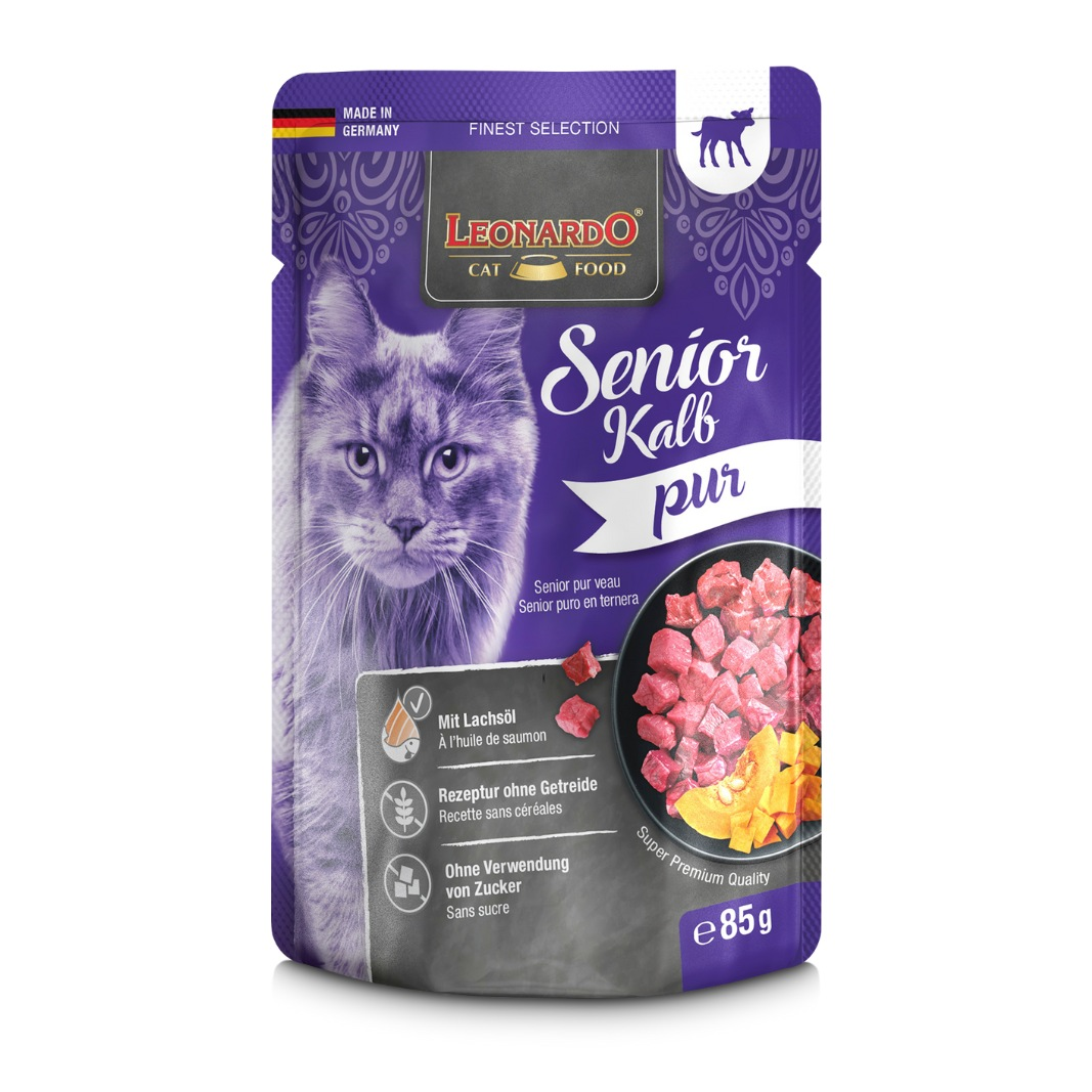 Leonardo Senior Puro en Ternera pouch de 85 g para gatos, vista frontal del envase