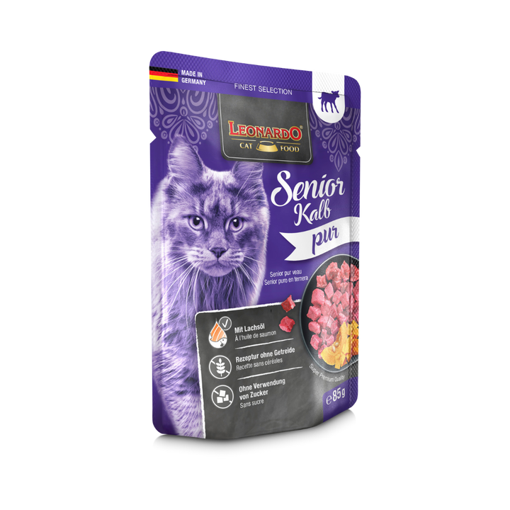 Leonardo Senior Puro en Ternera pouch de 85 g para gatos, vista lateral