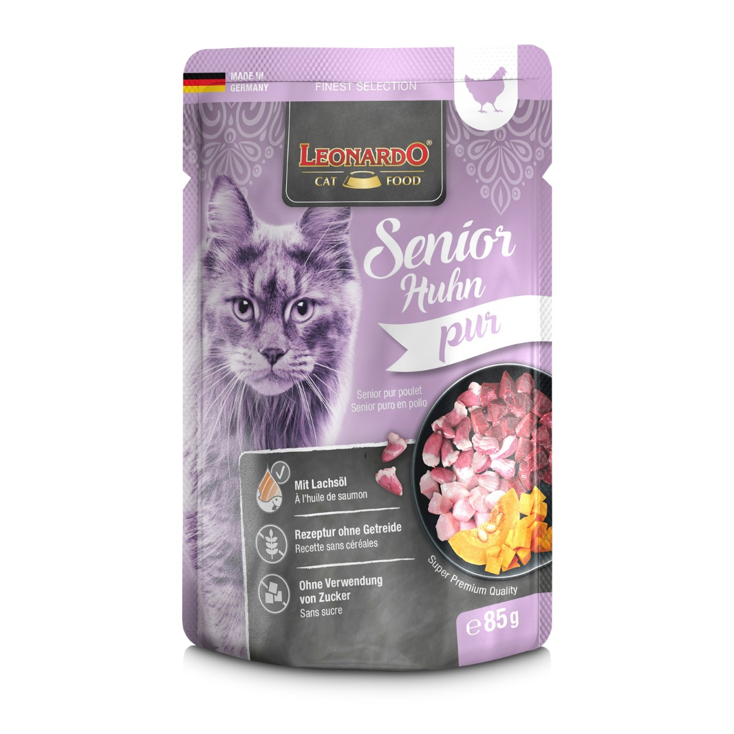 Leonardo Senior Puro en Ave pouch de 85 g para gatos, vista frontal del envase