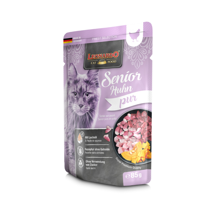 Leonardo Senior Puro en Ave pouch de 85 g para gatos, vista en ángulo