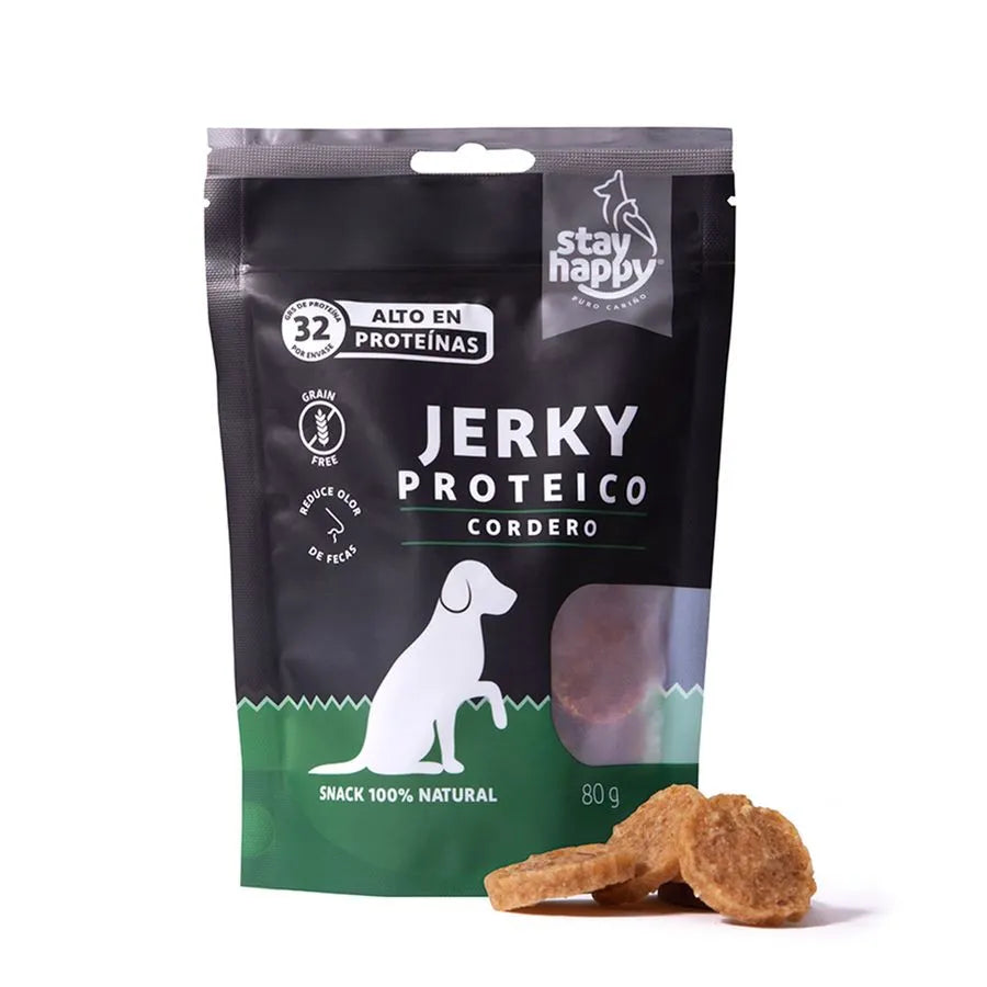 Stay Happy Jerky proteico cordero 80 g snack para perros vista frontal