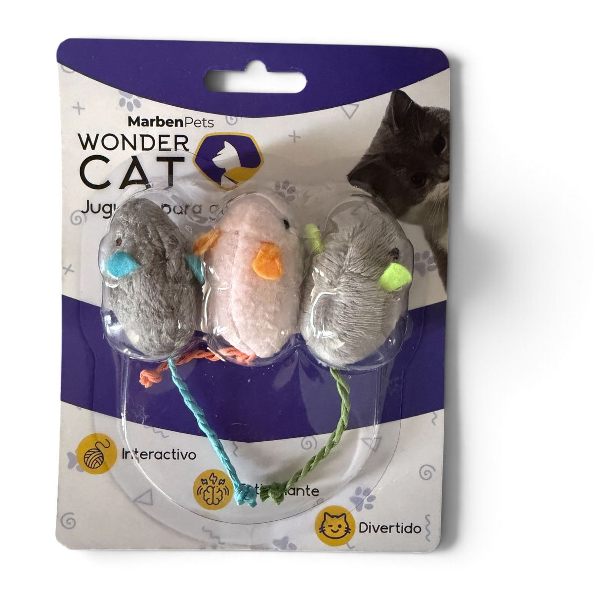 Wonder Cat set de 3 ratones de tela grises con cola y catnip para gatos, en su envase