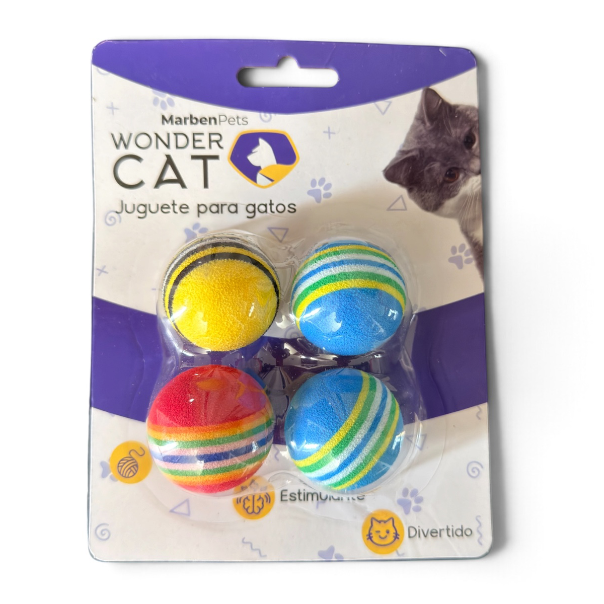Wonder Cat set de 4 pelotas blandas a rayas de colores para gatos, en su envase