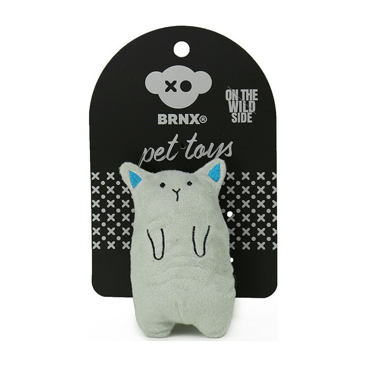 BRNX Maxi Toy juguete de peluche para gatos con forma de un gato gris con orejas celestes, en su tarjeta de la marca