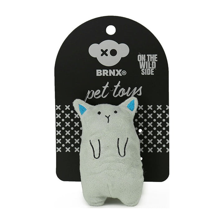BRNX Maxi Toy juguete de peluche para gatos con forma de un gato gris con orejas celestes, en su tarjeta de la marca