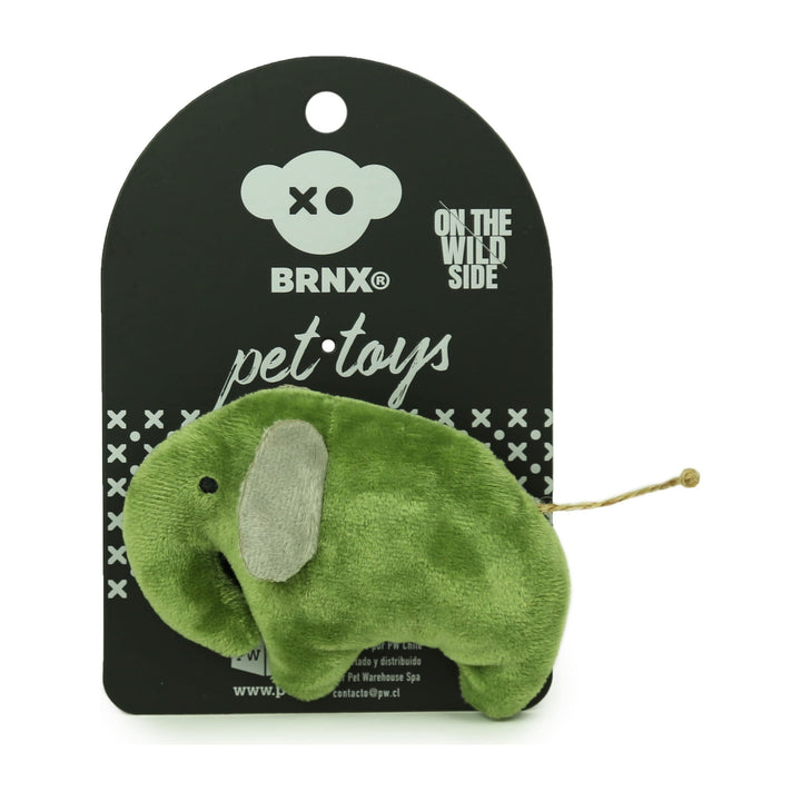 BRNX Maxi Toy juguete de peluche para gatos con forma de un elefante verde oliva, en su tarjeta de la marca