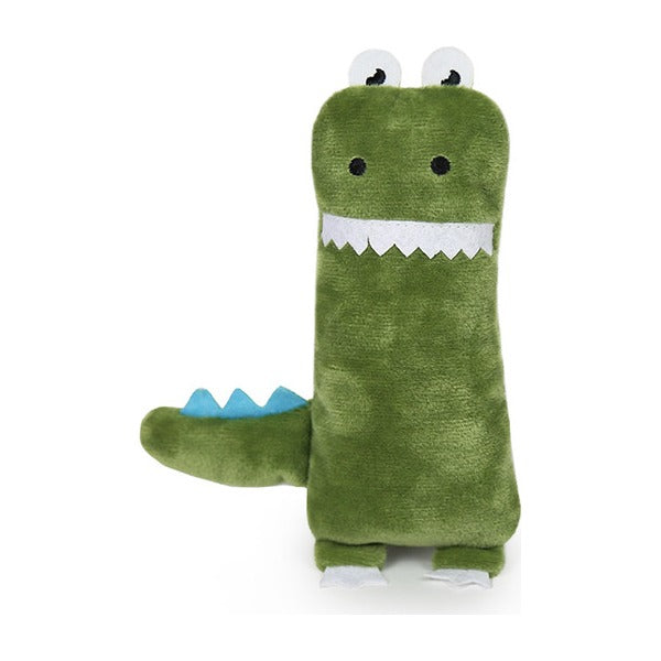 BRNX Maxi Toy juguete de peluche para gatos con forma de un dinosaurio verde con púas celestes, vista 3
