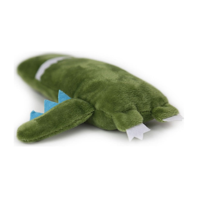 BRNX Maxi Toy juguete de peluche para gatos con forma de un dinosaurio verde con púas celestes, vista 5