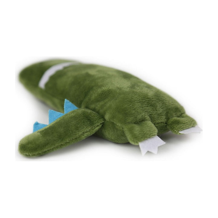 BRNX Maxi Toy juguete de peluche para gatos con forma de un dinosaurio verde con púas celestes, vista 5