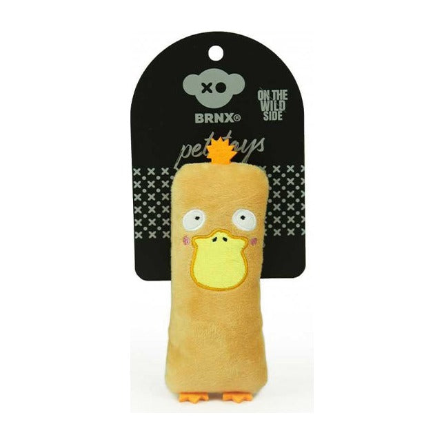BRNX Maxi Toy juguete de peluche para gatos con forma de un pato color durazno con pico amarillo, en su tarjeta de la marca