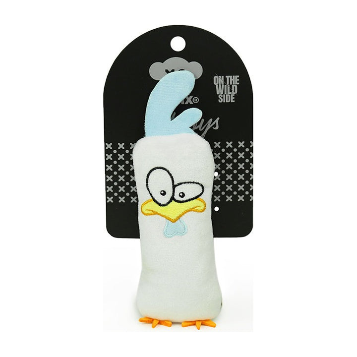 BRNX Maxi Toy juguete de peluche para gatos con forma de un pollo blanco con cresta celeste, en su tarjeta de la marca