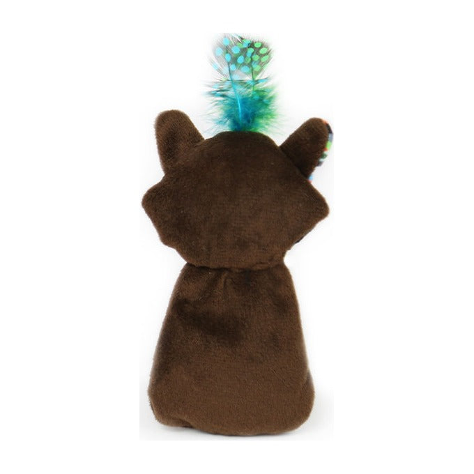 BRNX Maxi Toy juguete de peluche para gatos con forma de un mapache café oscuro con plumas, vista 4