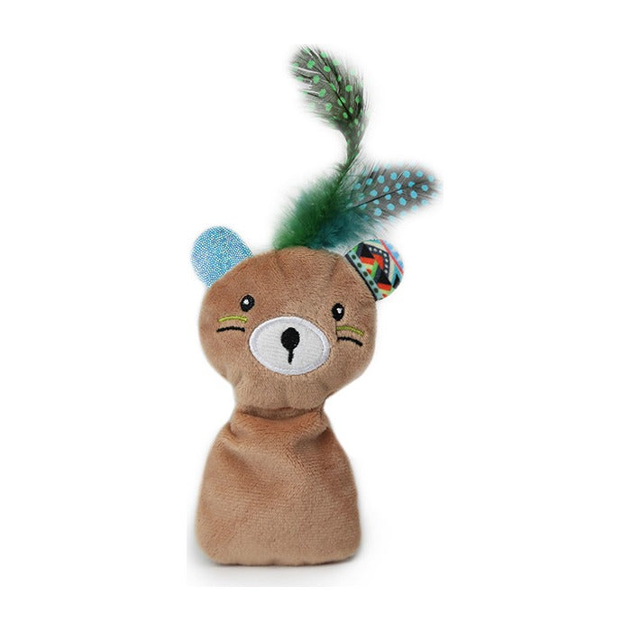BRNX Maxi Toy juguete de peluche para gatos con forma de un osito café claro con plumas, vista 2