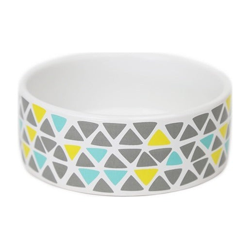 BRNX plato de cerámica con mosaico de triángulos en gris, amarillo y turquesa, vista 1
