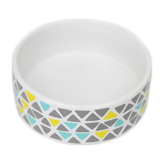 BRNX plato de cerámica con mosaico de triángulos en gris, amarillo y turquesa, vista 2