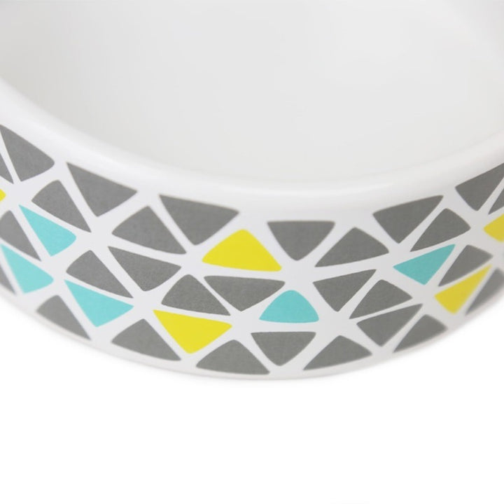 BRNX plato de cerámica con mosaico de triángulos en gris, amarillo y turquesa, vista 3