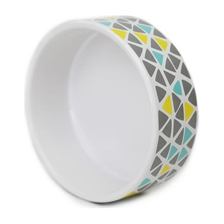 BRNX plato de cerámica con mosaico de triángulos en gris, amarillo y turquesa, vista 4