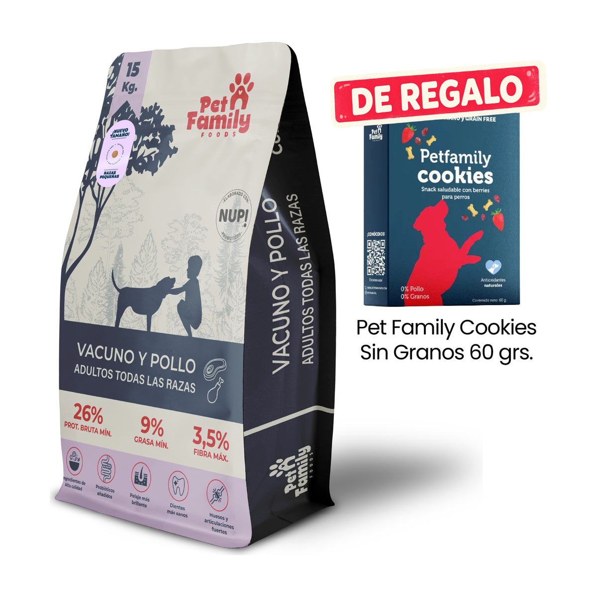 Pet Family Perro Adulto Razas Pequeñas 15 Kg con Pet Family Cookies Sin Granos 60 g de regalo.