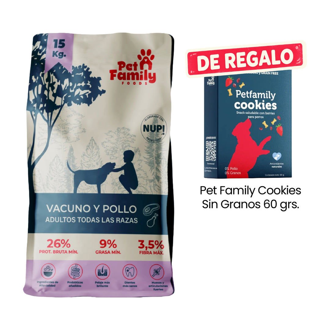Pet Family Perro Adulto 15 Kg con Pet Family Cookies Sin Granos 60 g de regalo.