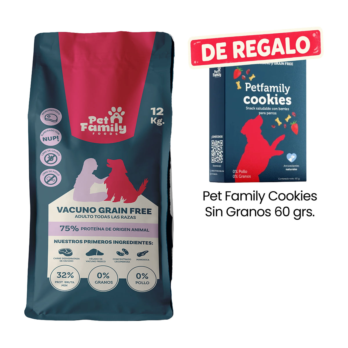 Pet Family Perro Adulto Grain Free 12 Kg con Pet Family Cookies Sin Granos 60 g de regalo.