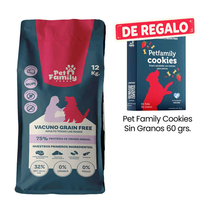 Pet Family Perro Adulto Grain Free 12 Kg con Pet Family Cookies Sin Granos 60 g de regalo.