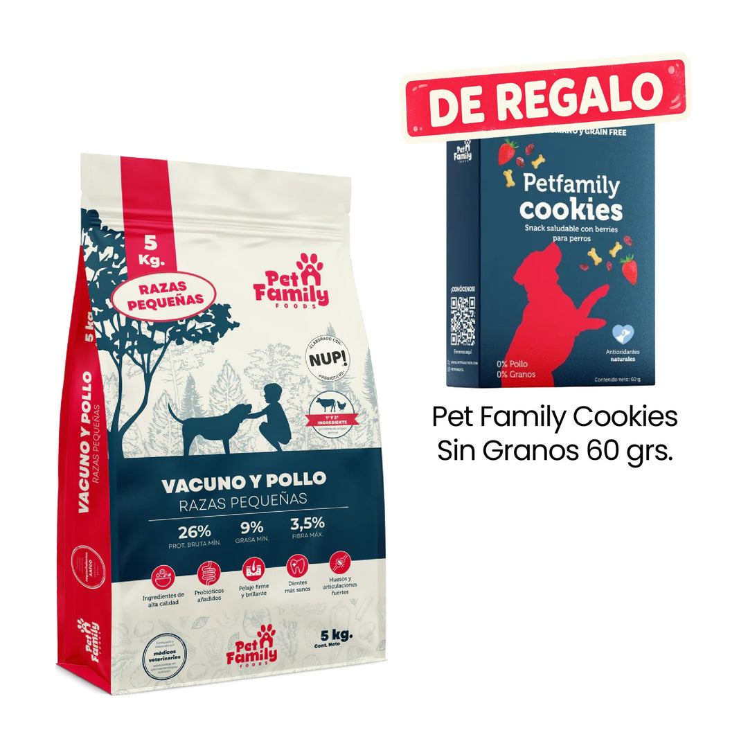Pet Family Perro Adulto Razas Pequeñas 5 Kg con Pet Family Cookies Sin Granos 60 g de regalo.