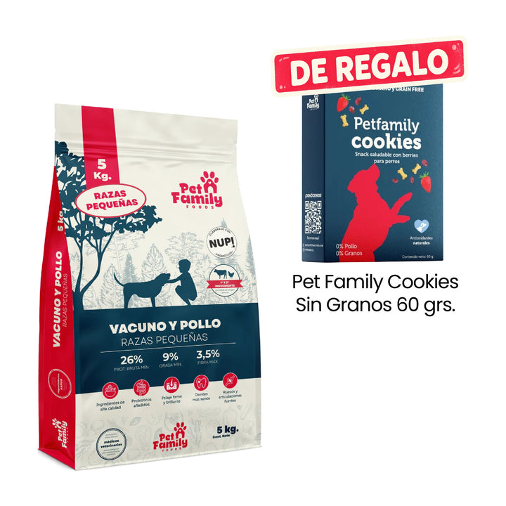 Pet Family Perro Adulto Razas Pequeñas 5 Kg con Pet Family Cookies Sin Granos 60 g de regalo.