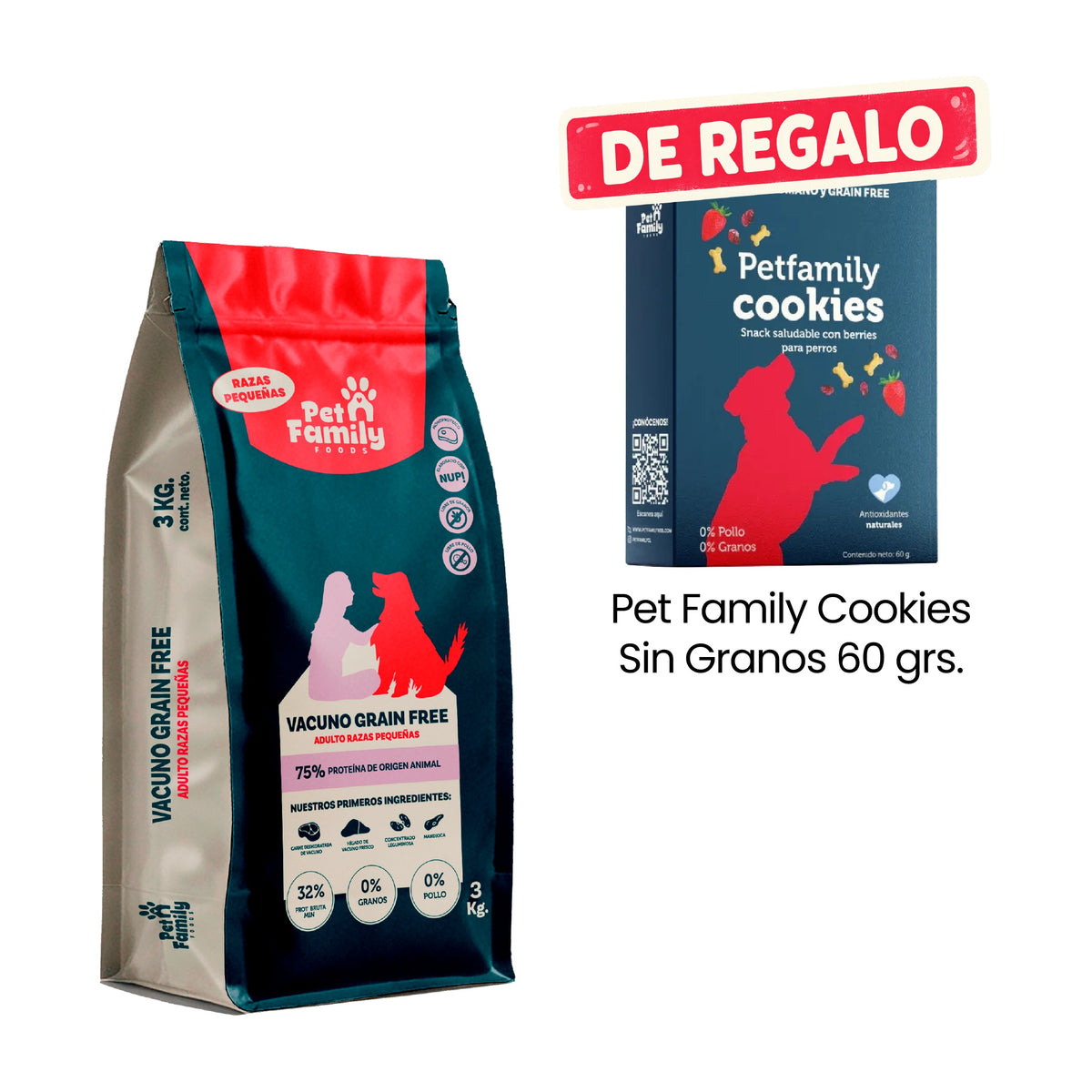 Pet Family Grain Free Razas Pequeñas 3 Kg Alimento para Perros con Pet Family Cookies Sin Granos 60 g de regalo.