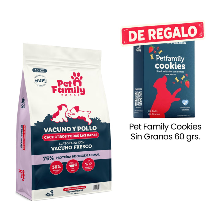 Pet Family Perro Cachorro 10 Kg con Pet Family Cookies Sin Granos 60 g de regalo.