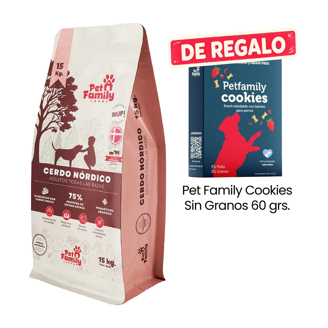 Pet Family Perro Adulto Cerdo Nórdico 15 Kg con Pet Family Cookies Sin Granos 60 g de regalo.