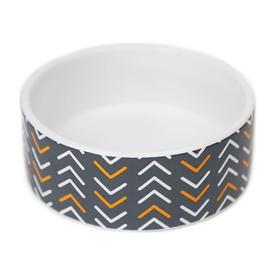 BRNX plato de cerámica minimalista con estampado de flechas en gris, naranjo y blanco, vista 1