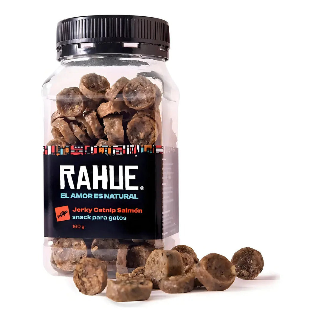 Rahue jerky de salmón con catnip, frasco de 160 g para gatos