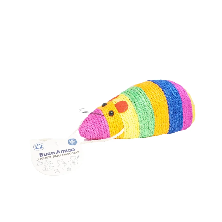Rascador para gatos con forma de ratón en sisal de colores, vista lateral