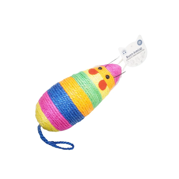 Rascador para gatos con forma de ratón en sisal de colores, con cordón azul para colgar