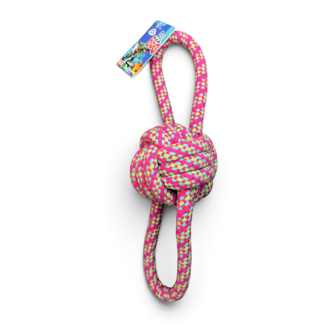 Juguete de cuerda rosado con pelota de nudo y dos asas para perros, 32 cm