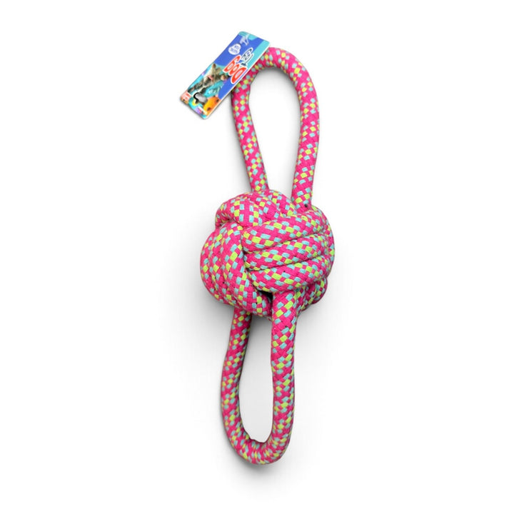 Juguete de cuerda rosado con pelota de nudo y dos asas para perros, 32 cm