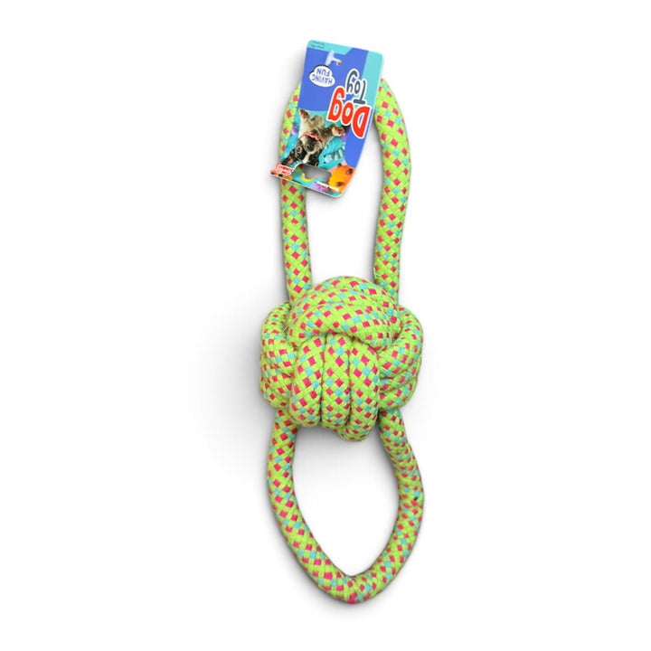 Juguete de cuerda verde con pelota de nudo y dos asas para perros, 32 cm